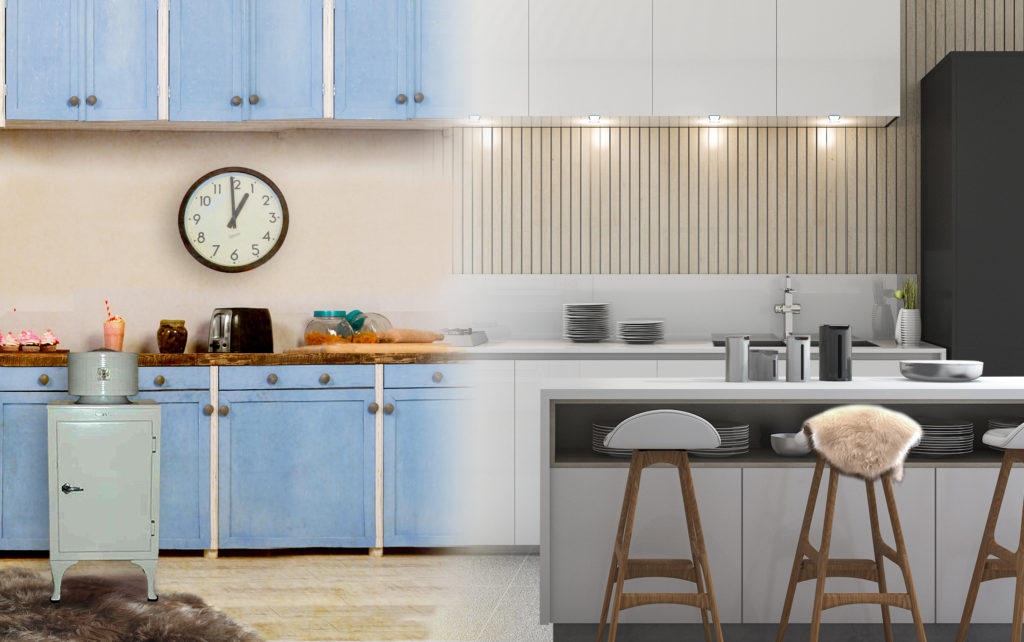 1920s vs 2020s Kitchen interior trends comparison