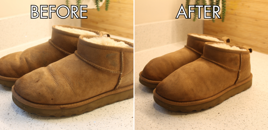 How to clean sheepskin boots - a before and after image of dirty stained sheepskin boots, an after image of them clean and like new