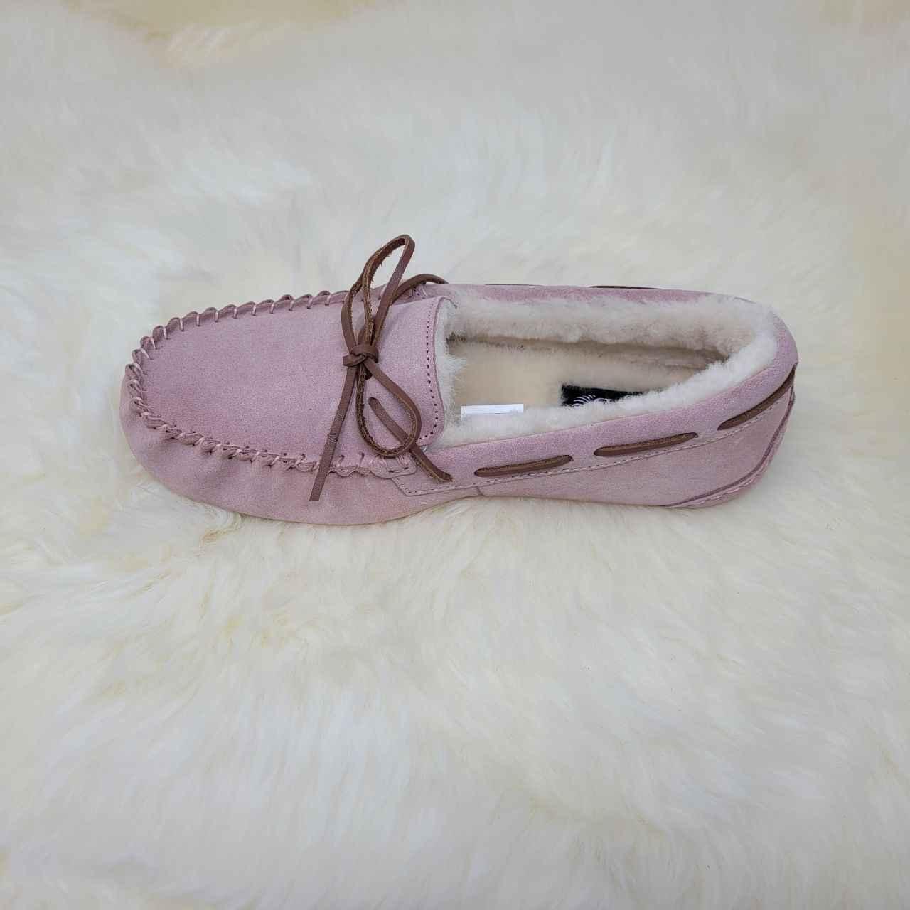 Coopers Made In England Suede Wool Lined Ladies Pink Moccasin Slippers 