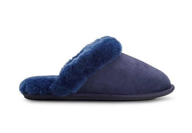 Fluffy Ladies Dark Blue Mule Slippers Real Sheepskin Jacobs Dalton