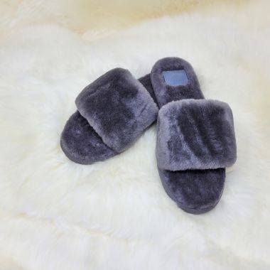 Ladies Dark Grey Open Toe Mule Sheepskin Slippers