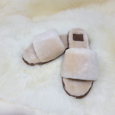 Ladies Cream Open Toe Mule Sheepskin Slippers