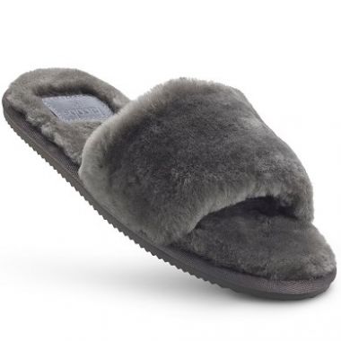 Ladies Dark Grey Open Toe Mule Sheepskin Slippers