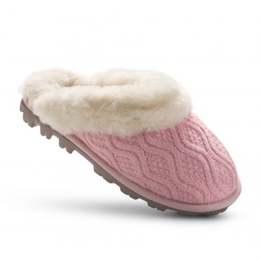 Ladies Sheepskin Mule Slipper with Knitted Top - Pink