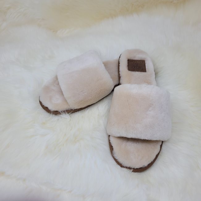 Image of Ladies Cream Open Toe Mule Sheepskin Slippers