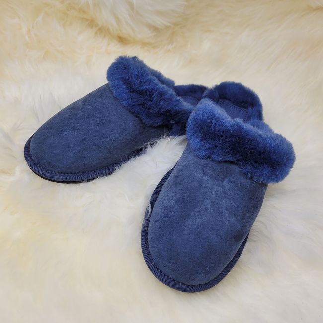 Image of Ladies Navy Blue Sheepskin Mule Slippers