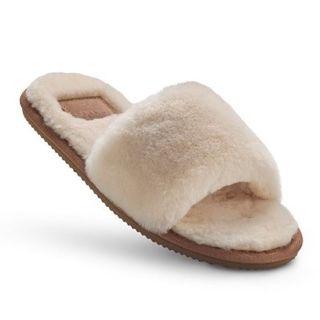 Image of Ladies Cream Open Toe Mule Sheepskin Slippers