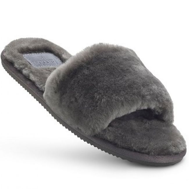 Image of Ladies Dark Grey Open Toe Mule Sheepskin Slippers